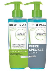 BIODERMA S&eacute;bium Gel Moussant Nettoyant Purifiant Lot 2x200 mL