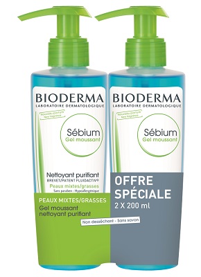 BIODERMA S&eacute;bium Gel Moussant Nettoyant Purifiant Lot 2x200 mL